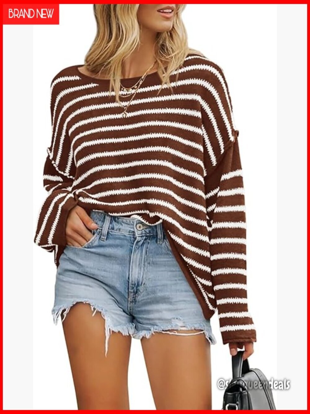 Oversized Striped Pullover Sweater Boat Neck Off Shoulder Long Sleeve Loose Fit